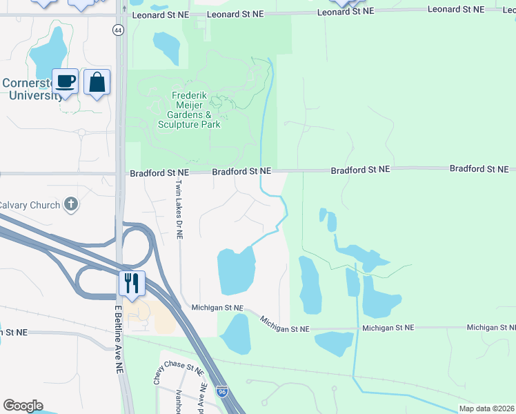 map of restaurants, bars, coffee shops, grocery stores, and more near 675 Eastview Court Northeast in Grand Rapids