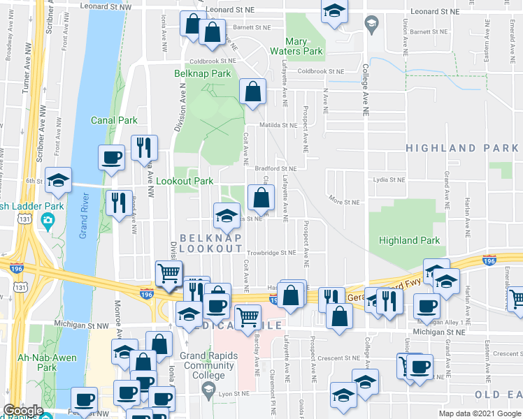 map of restaurants, bars, coffee shops, grocery stores, and more near 643 Clancy Avenue Northeast in Grand Rapids