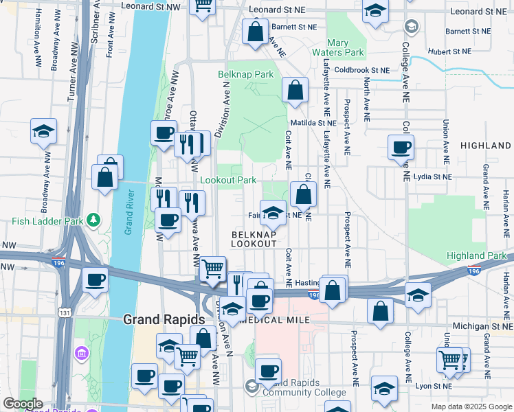 map of restaurants, bars, coffee shops, grocery stores, and more near 649 Livingston Avenue Northeast in Grand Rapids