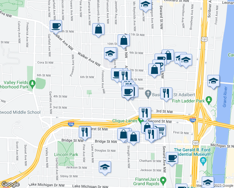 map of restaurants, bars, coffee shops, grocery stores, and more near 834 4th Street Northwest in Grand Rapids