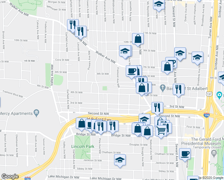 map of restaurants, bars, coffee shops, grocery stores, and more near 922 4th Street Northwest in Grand Rapids