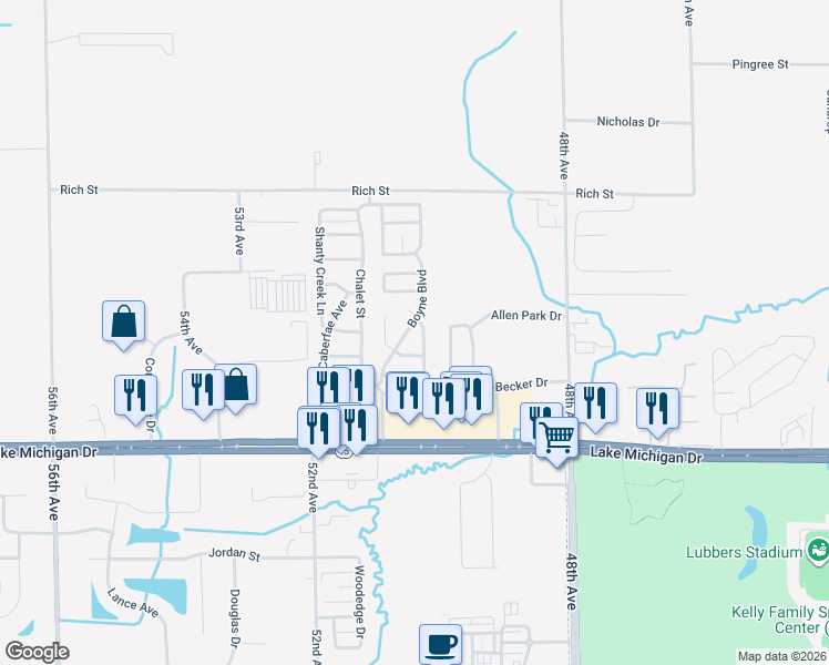 map of restaurants, bars, coffee shops, grocery stores, and more near 5059 Stowe Avenue in Allendale Charter Township