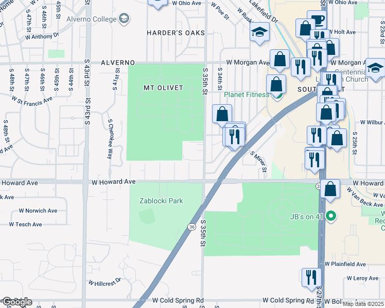 map of restaurants, bars, coffee shops, grocery stores, and more near 3835 South 36th Street in Greenfield