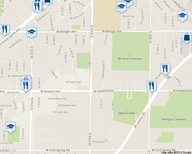 map of restaurants, bars, coffee shops, grocery stores, and more near 3830 South 43rd Street in Milwaukee