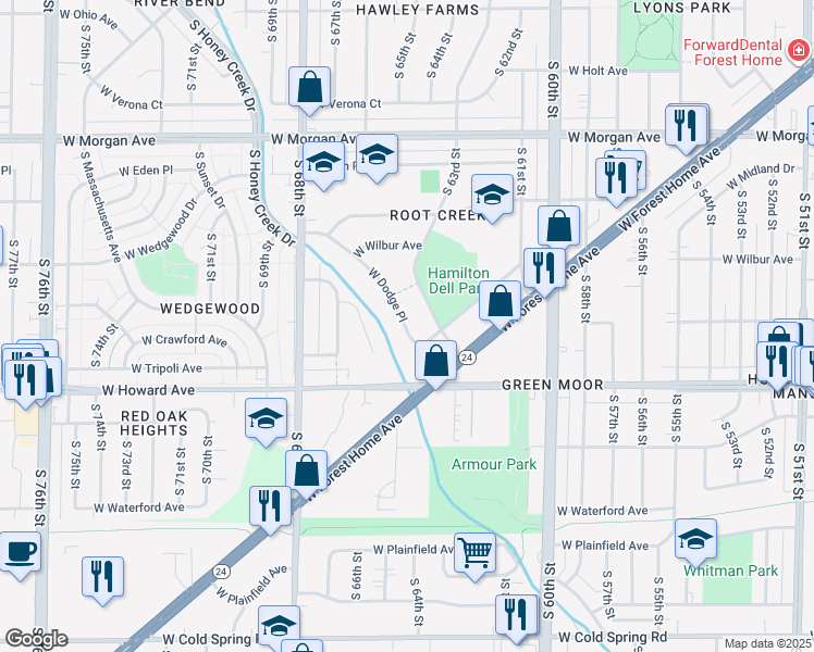 map of restaurants, bars, coffee shops, grocery stores, and more near 6400 West Dodge Place in Milwaukee