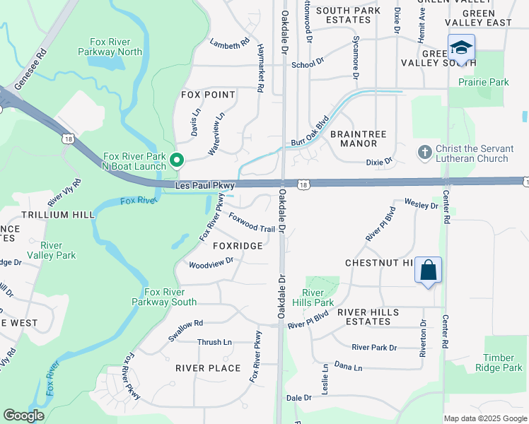 map of restaurants, bars, coffee shops, grocery stores, and more near 1208 Foxwood Trail in Waukesha