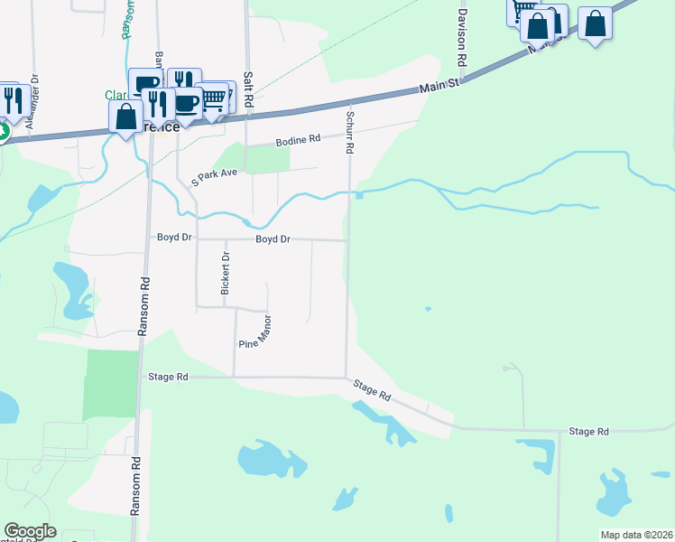 map of restaurants, bars, coffee shops, grocery stores, and more near 4725 Margaret Drive in Clarence