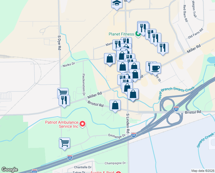 map of restaurants, bars, coffee shops, grocery stores, and more near 5085 Miller Road in Flint