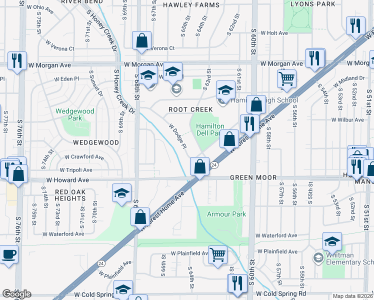 map of restaurants, bars, coffee shops, grocery stores, and more near 6400 West Dodge Place in Milwaukee
