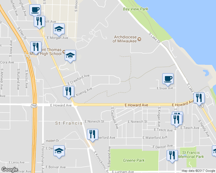 map of restaurants, bars, coffee shops, grocery stores, and more near 3141 East Koenig Avenue in Saint Francis