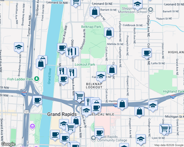 map of restaurants, bars, coffee shops, grocery stores, and more near 712 Fairview Avenue Northeast in Grand Rapids