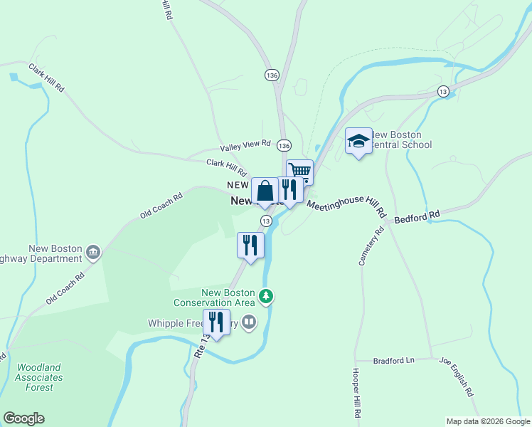 map of restaurants, bars, coffee shops, grocery stores, and more near 21a Mont Vernon Road in New Boston