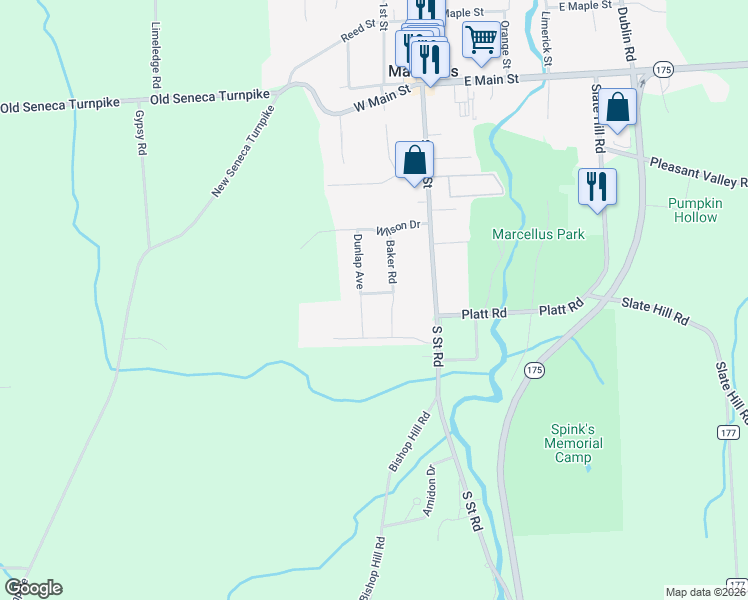 map of restaurants, bars, coffee shops, grocery stores, and more near 3 Hillside Dr in Marcellus