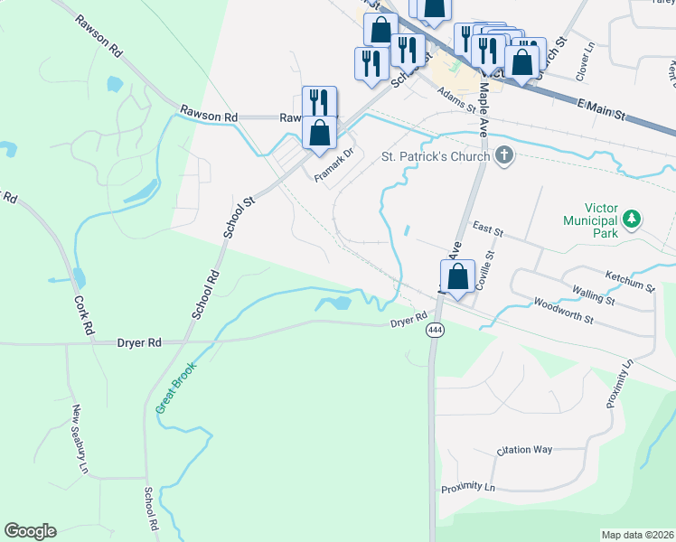 map of restaurants, bars, coffee shops, grocery stores, and more near 31 Rothbury Circle in Victor