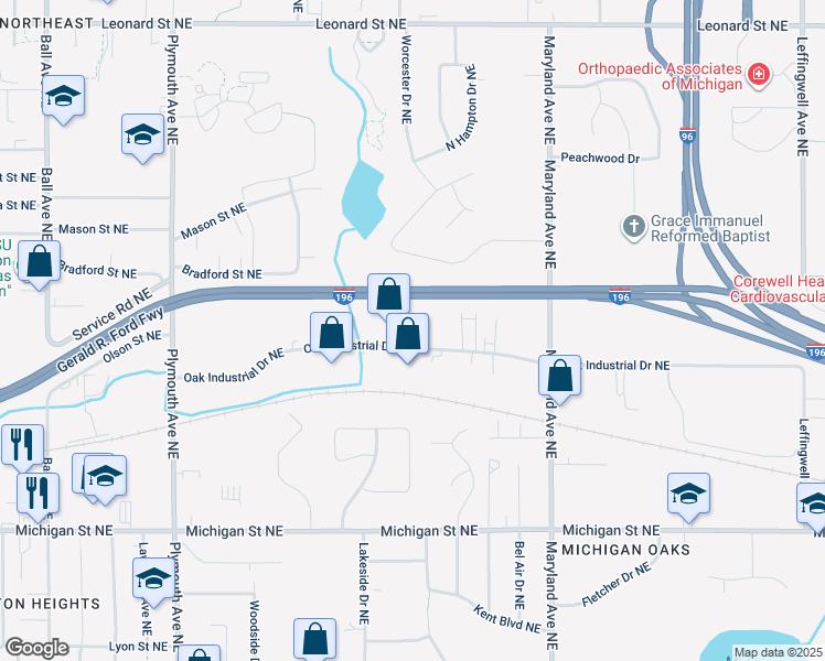 map of restaurants, bars, coffee shops, grocery stores, and more near 2055 Oak Industrial Drive Northeast in Grand Rapids