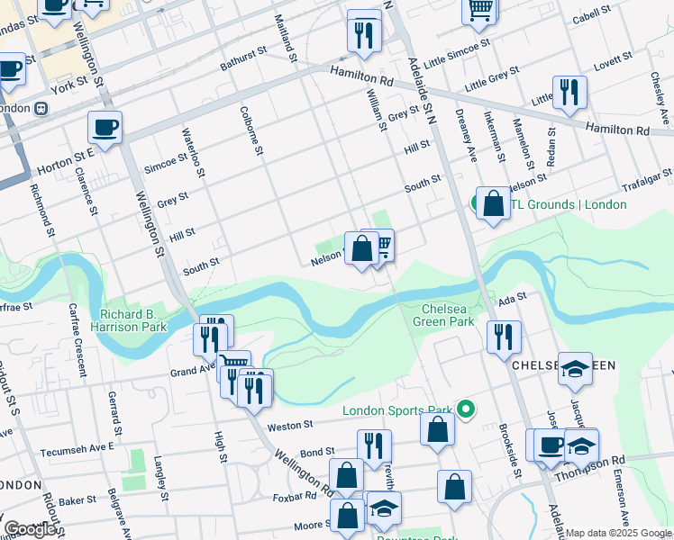 map of restaurants, bars, coffee shops, grocery stores, and more near 435 Nelson Street in London
