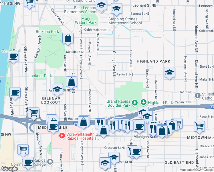 map of restaurants, bars, coffee shops, grocery stores, and more near 712 Sinclair Avenue Northeast in Grand Rapids