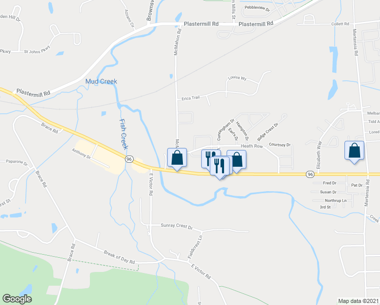 map of restaurants, bars, coffee shops, grocery stores, and more near Heath Row & The Grove in Victor