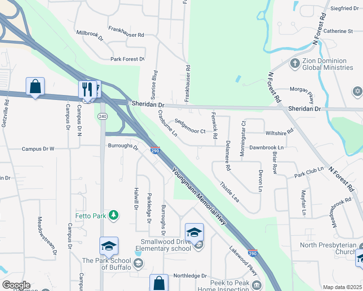 map of restaurants, bars, coffee shops, grocery stores, and more near 104 Cranburne Lane in Buffalo
