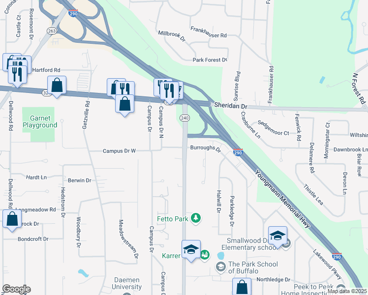 map of restaurants, bars, coffee shops, grocery stores, and more near 99 Campus Lane in Buffalo