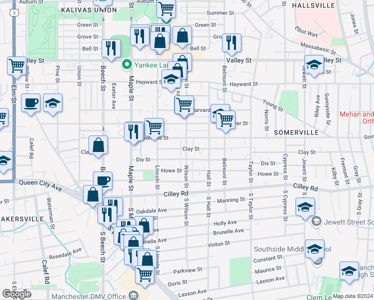 map of restaurants, bars, coffee shops, grocery stores, and more near 585 Dix Street in Manchester
