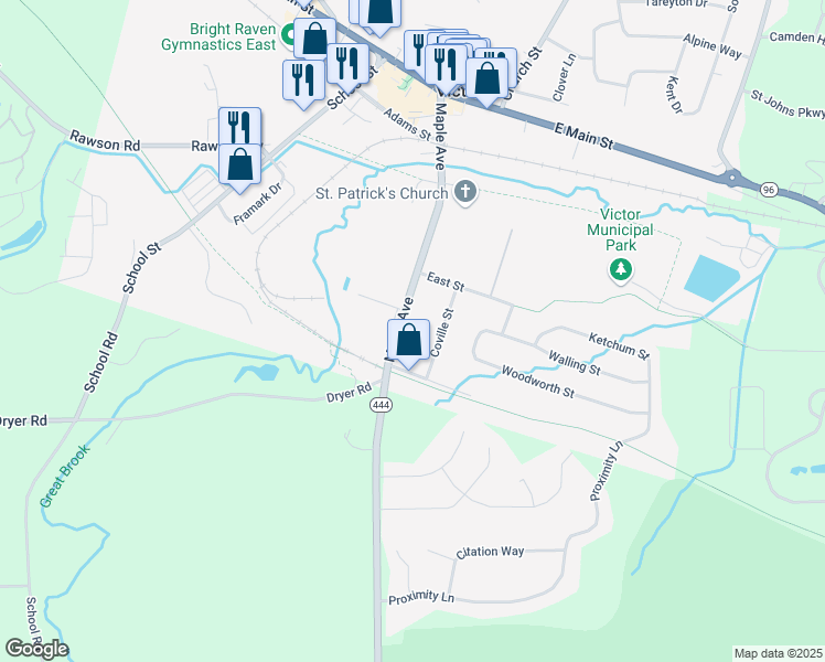 map of restaurants, bars, coffee shops, grocery stores, and more near 78 Coville Street in Victor