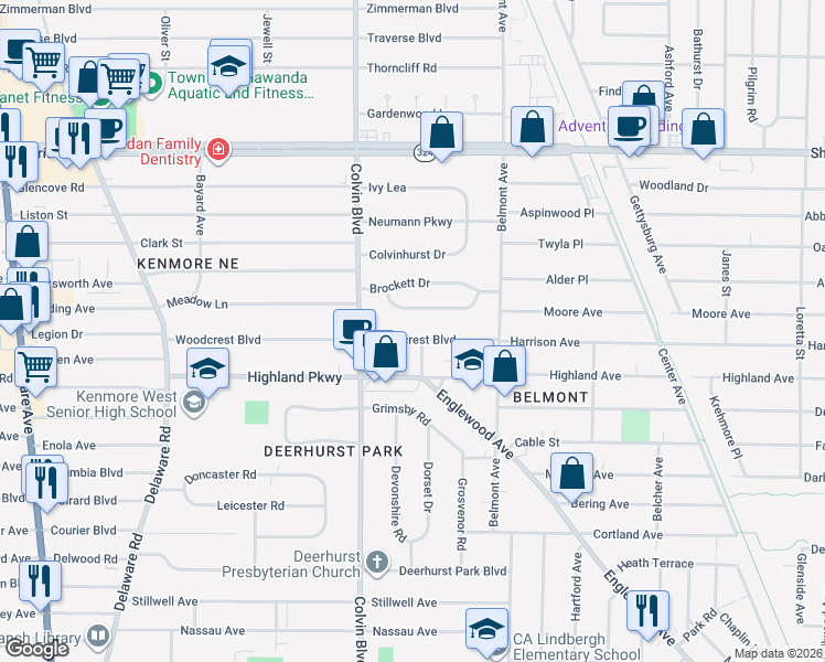 map of restaurants, bars, coffee shops, grocery stores, and more near 245 Woodcrest Boulevard in Buffalo