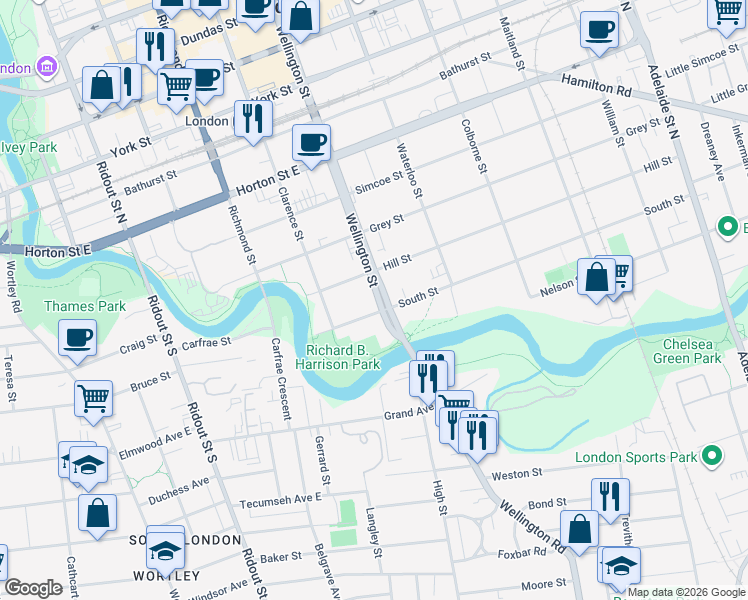 map of restaurants, bars, coffee shops, grocery stores, and more near in London