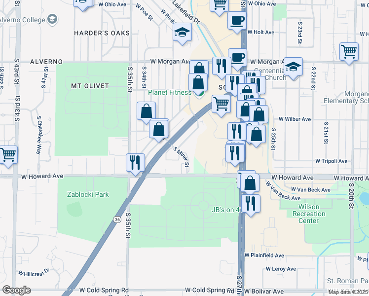 map of restaurants, bars, coffee shops, grocery stores, and more near 3823 South Miner Street in Milwaukee