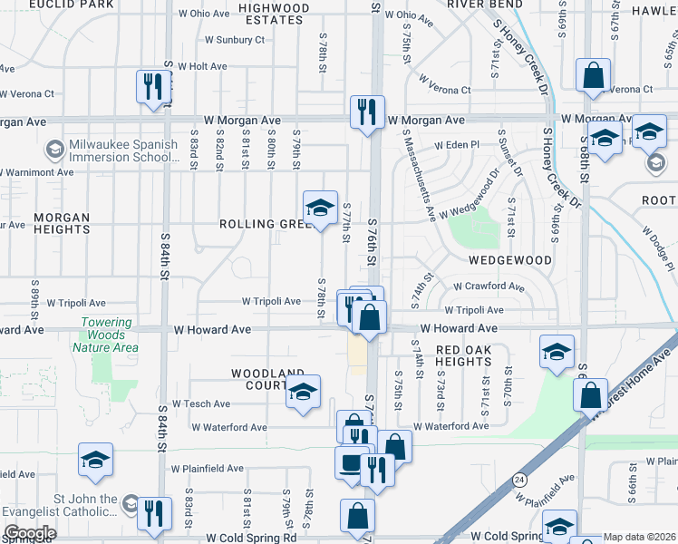 map of restaurants, bars, coffee shops, grocery stores, and more near 3827 South 77th Street in Milwaukee