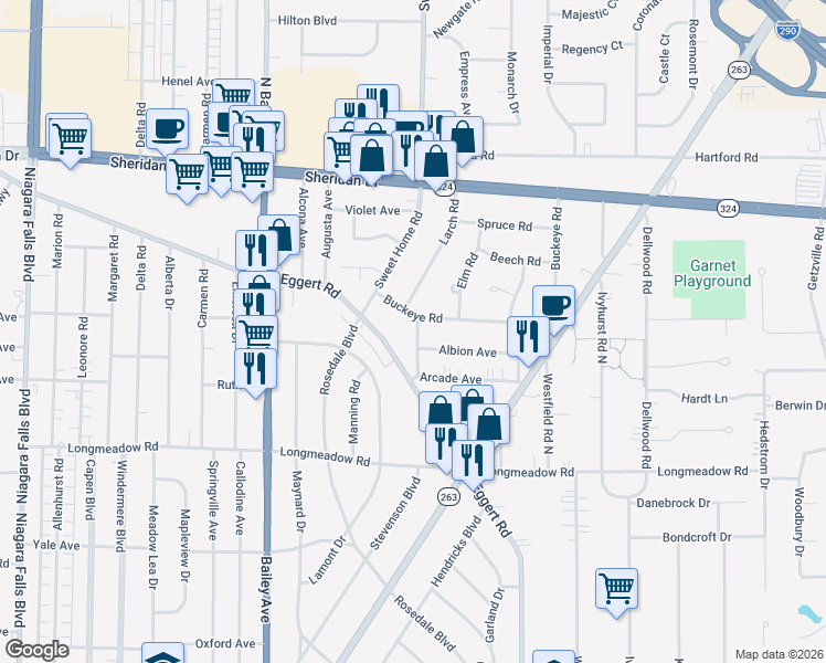map of restaurants, bars, coffee shops, grocery stores, and more near 1773 Eggert Road in Buffalo