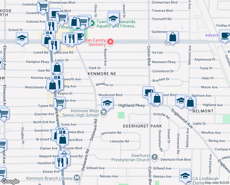 map of restaurants, bars, coffee shops, grocery stores, and more near 53 Woodcrest Boulevard in Buffalo