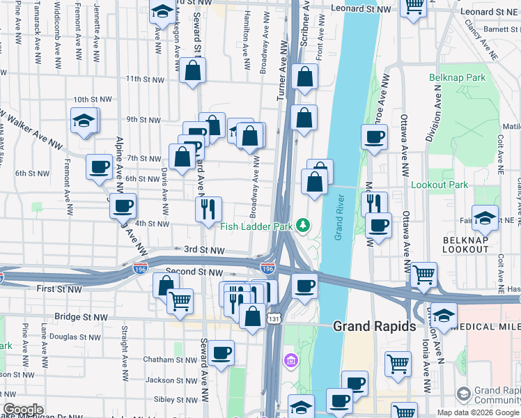 map of restaurants, bars, coffee shops, grocery stores, and more near 645 Turner Avenue Northwest in Grand Rapids