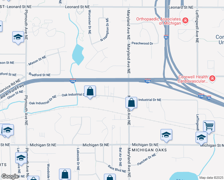 map of restaurants, bars, coffee shops, grocery stores, and more near 2055-2199 Oak Industrial Drive Northeast in Grand Rapids