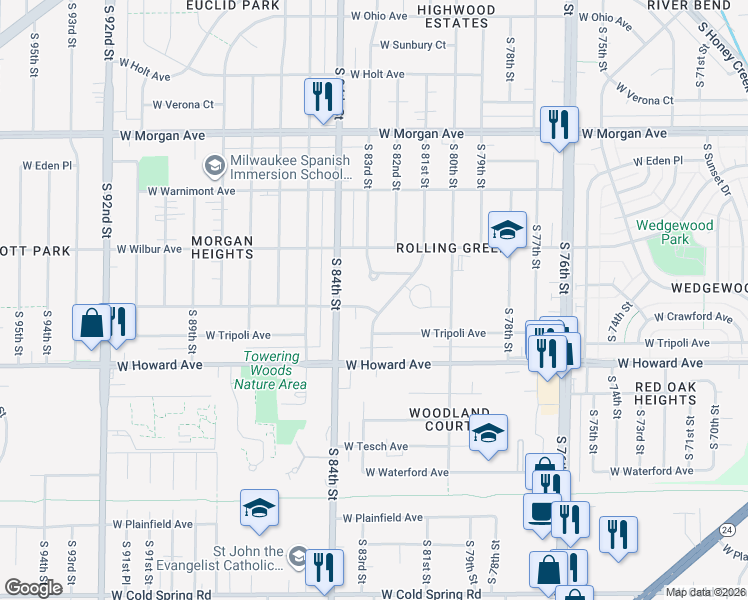 map of restaurants, bars, coffee shops, grocery stores, and more near 8208 West Tripoli Avenue in Milwaukee
