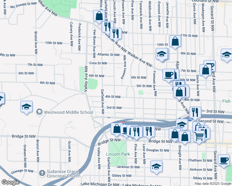 map of restaurants, bars, coffee shops, grocery stores, and more near 650 Lincoln Avenue Northwest in Grand Rapids