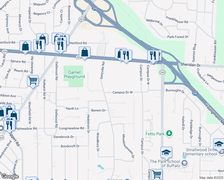map of restaurants, bars, coffee shops, grocery stores, and more near 45 Campus Drive West in Amherst