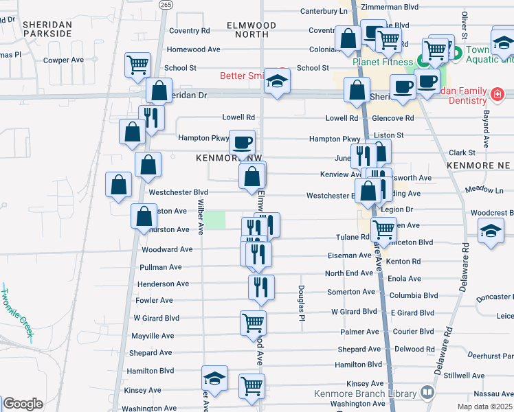 map of restaurants, bars, coffee shops, grocery stores, and more near 2878 Elmwood Avenue in Buffalo