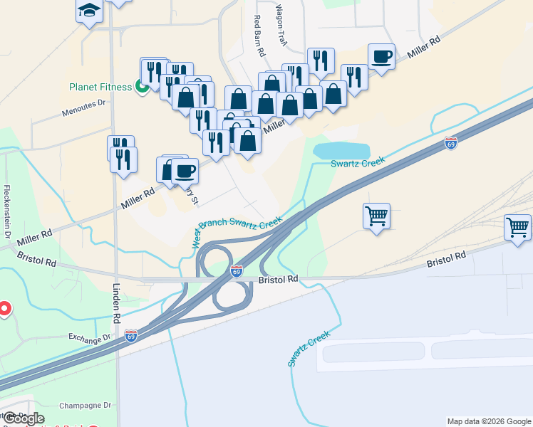 map of restaurants, bars, coffee shops, grocery stores, and more near 3409 Swartz Street in Flint