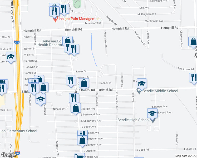 map of restaurants, bars, coffee shops, grocery stores, and more near 2104 Kenneth Street in Burton