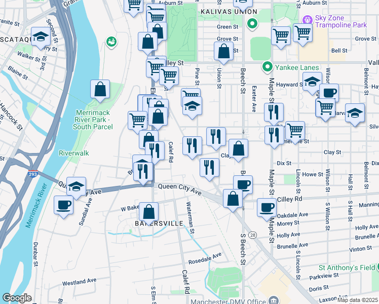 map of restaurants, bars, coffee shops, grocery stores, and more near 158 Willow Street in Manchester