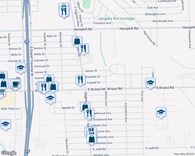 map of restaurants, bars, coffee shops, grocery stores, and more near 2062 Kenneth Street in Burton