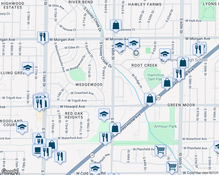 map of restaurants, bars, coffee shops, grocery stores, and more near 3746 South 69th Street in Milwaukee