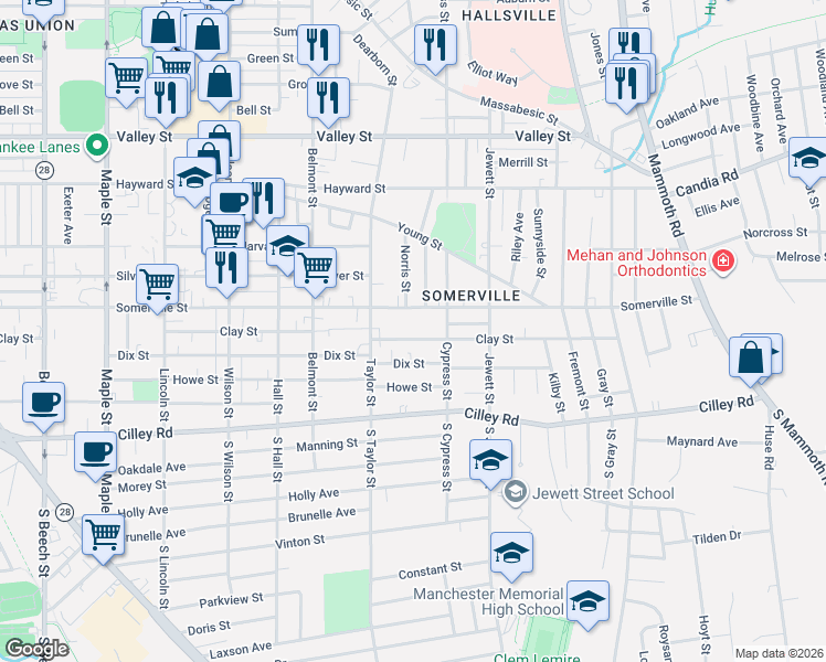 map of restaurants, bars, coffee shops, grocery stores, and more near 888 Somerville Street in Manchester