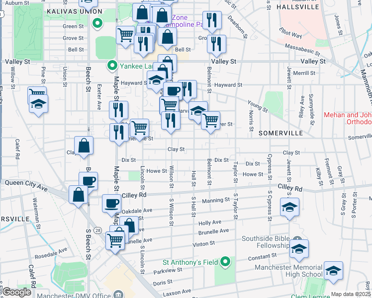 map of restaurants, bars, coffee shops, grocery stores, and more near 130 Hall Street in Manchester