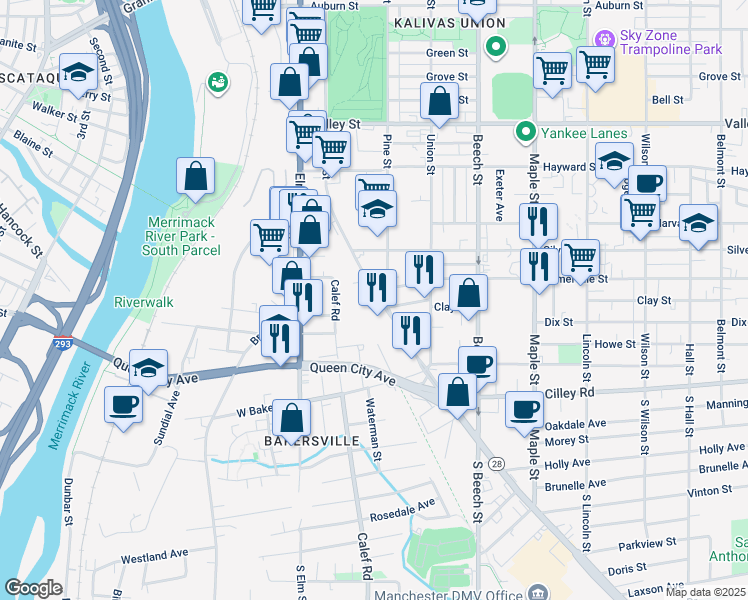 map of restaurants, bars, coffee shops, grocery stores, and more near 14 Pine Street in Manchester