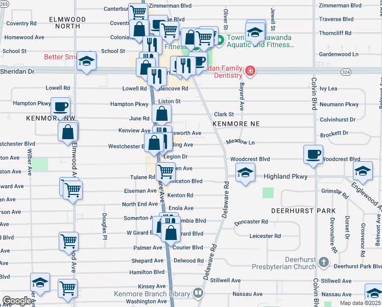map of restaurants, bars, coffee shops, grocery stores, and more near 86 Harding Avenue in Buffalo