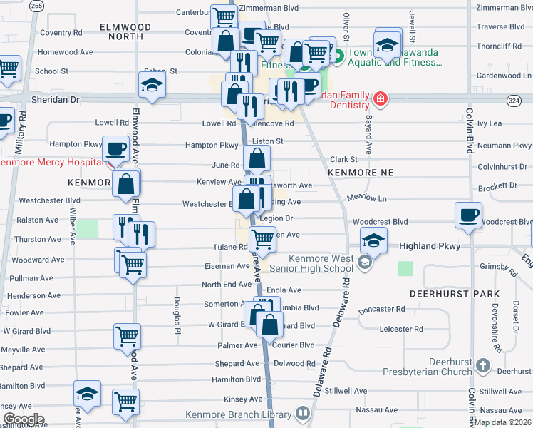 map of restaurants, bars, coffee shops, grocery stores, and more near 3385 Delaware Avenue in Buffalo