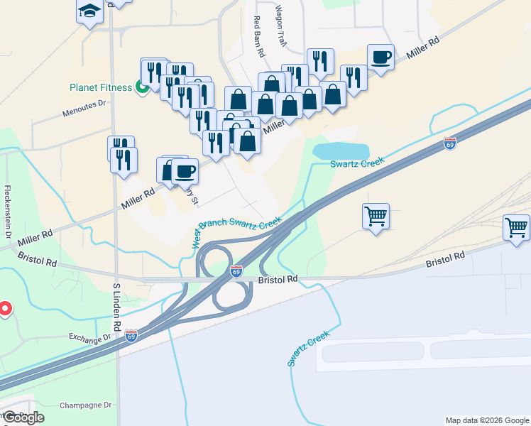 map of restaurants, bars, coffee shops, grocery stores, and more near 3409 Swartz Street in Flint