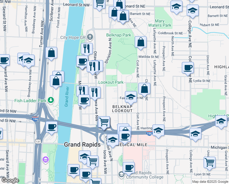 map of restaurants, bars, coffee shops, grocery stores, and more near 743 Fairview Avenue Northeast in Grand Rapids